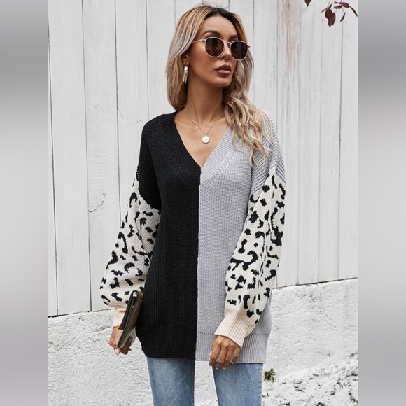 (39)🍁New🍁Fall/Winter Color Block Sweater With Leopard Contrast Sleeves - Picture 2 of 4